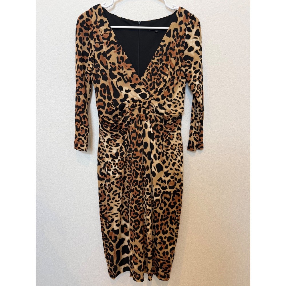 David Meister Leopard Print Twist Front V Neck Midi Dress Stretch‎ Size 6
